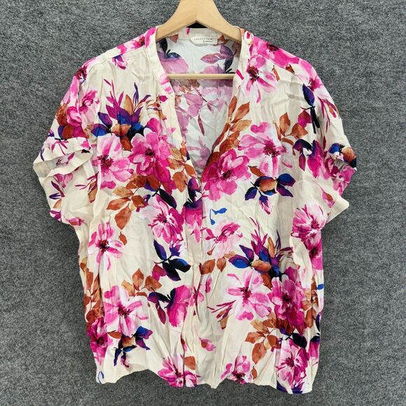 Lovestitch Blouse Women M Medium White Floral V-Neck Short Sleeve Rayon Casual - Picture 1 of 7